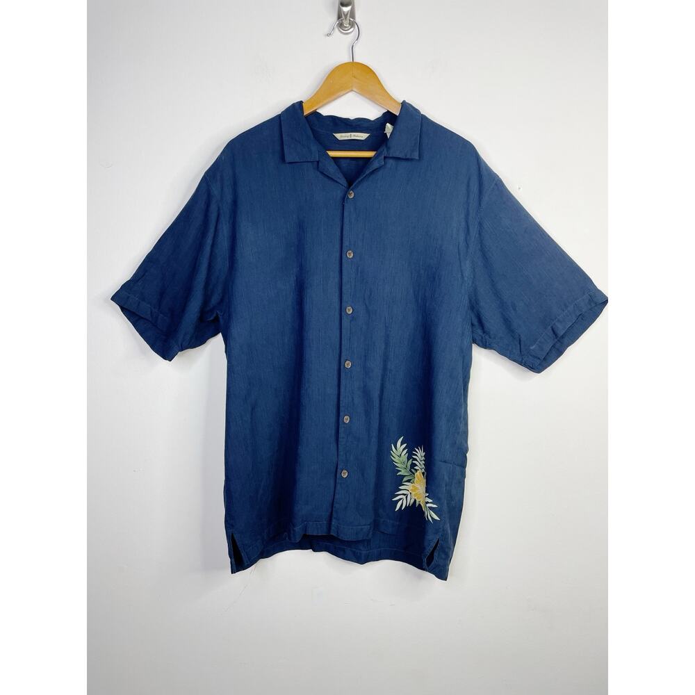 Tommy Bahama Vintage Silk Embroidered Martini Pinup Tropical Camp Shirt Blue L
